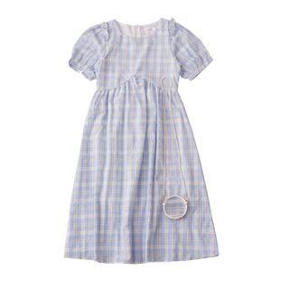Set: Short-sleeve Plaid Midi Dress + Crossbody Bag