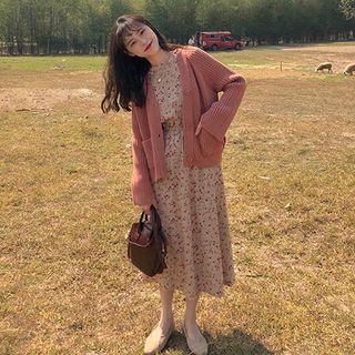 Plain V-neck Cardigan / Flower Print Long-sleeve Midi A-line Dress