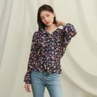 Tie-neck Smocked Floral Peplum Top Navy Blue - One Size