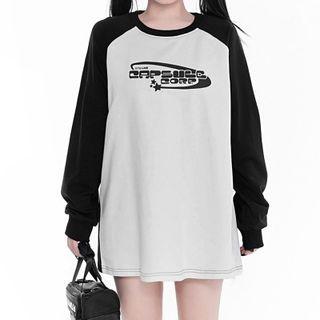 Long-sleeve Lettering Raglan T-shirt Black & White - One Size