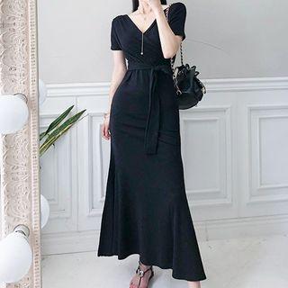 Tie-waist Off-shoulder Midi A-line Dress