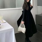 Long-sleeve Ribbon Velvet Midi A-line Dress Black - One Size