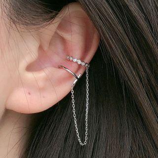 Rhinestone Chain Ear Cuff 1 Pc - Rhinestone Clip On Earring - Silver - One Size