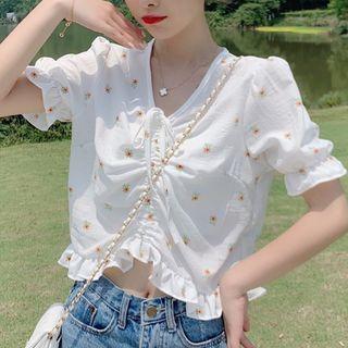 Short-sleeve Floral Print Drawstring Frill Trim Crop Top