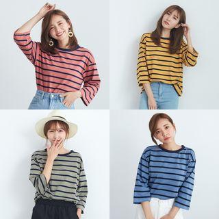 3/4 Sleeve Contrast Trim Striped T-shirt
