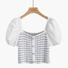 Puff-sleeve Plaid Panel Cropped Knit Top