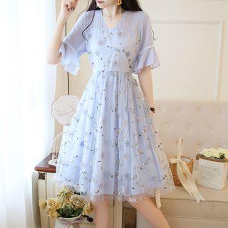 3/4-sleeve Floral Mesh A-line Dress