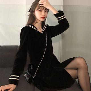 Long-sleeve Sailor Collar Velvet Mini A-line Dress Black - One Size