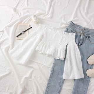 Boatneck Ruffled-trim Smocked Crop Blouse White - One Size