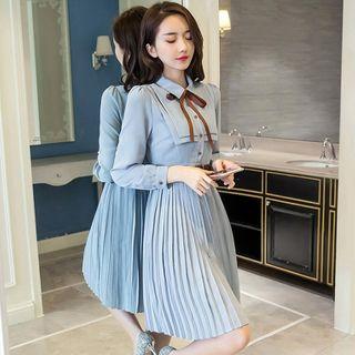 Long-sleeve Midi A-line Pleated Shirt Dress