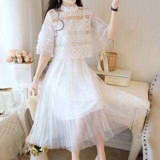 Set: Mesh Midi Spaghetti Strap Dress + Lace Trim Elbow-sleeve Top