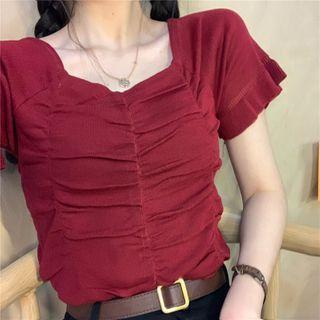 Ruched Square-neck Short-sleeve Knit Top