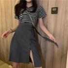 Set: Short-sleeve Striped Top + Slit A-line Skirt
