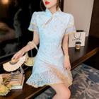 Short-sleeve Cutout Lace Mini A-line Dress