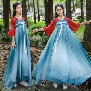 Elbow-sleeve Printed Maxi Hanfu Dress
