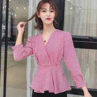 V-neck Checked 3/4-sleeve Blouse