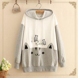Cat Print Hooded Long-sleeve Sweater