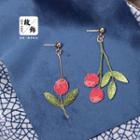Non-matching Embroidered Cherry Dangle Earring