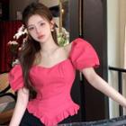 Puff-sleeve Frill Trim Fitted Top