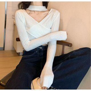 Long-sleeve V-neck Plain Halter Top