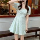 Puff-sleeve Square-neck Faux Pearl Trim A-line Dress