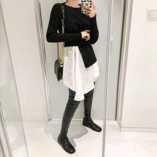 Inset Shirt Ribbed Knit Top Black - One Size