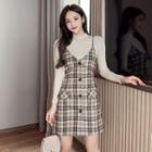 Set: Knit Top + Plaid Mini A-line Pinafore Dress