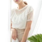 Short-sleeve Ruffled Lace Top Off-white - One Size