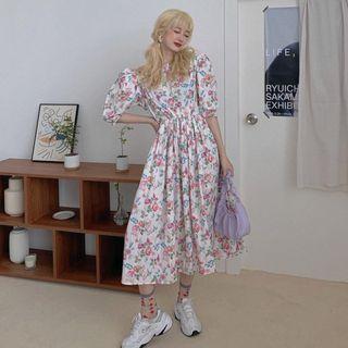 Short-sleeve Floral A-line Dress Floral - Pink & White - One Size