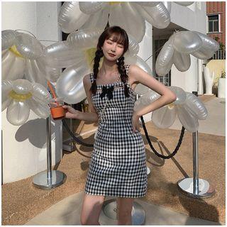 Spaghetti-strap Ribbon Gingham Mini Sheath Dress