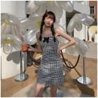 Spaghetti-strap Ribbon Gingham Mini Sheath Dress