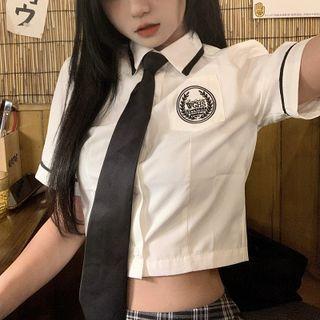 Short-sleeve Tie Neck Shirt / Plaid Mini A-line Skirt