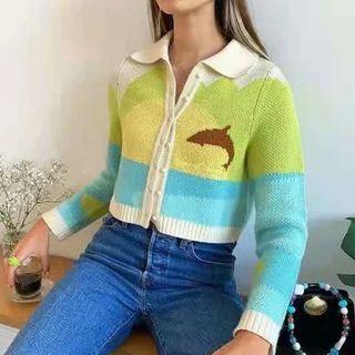 Polo-neck Dolphin Print Knit Cardigan