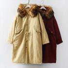 Faux Fur-trim Drawstring-waist Hooded Coat