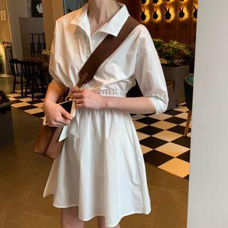 Tie Waist Elbow-sleeve Collared Dress White - One Size