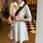 Tie Waist Elbow-sleeve Collared Dress White - One Size