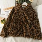Ears-accent Leopard-print Hooded Fleece Coat