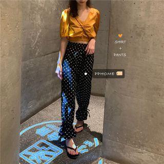 V-neck Short-sleeve Top / Dotted Harem Pants