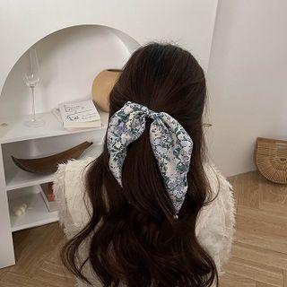 Faux Pearl Floral Print Bow Hair Clip Light Purple & Green - 10cm