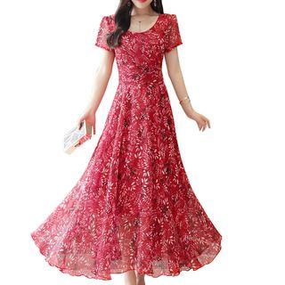 Print Short-sleeve A-line Maxi Chiffon Dress