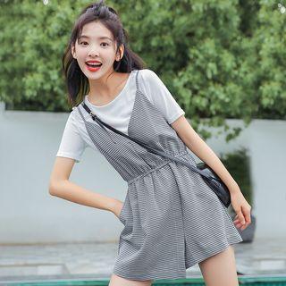 Set: Plain Short Sleeve T-shirt + Plaid Spaghetti Strap Pinafore Dress
