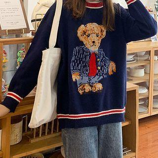 Round-neck Bear Sweater Navy Blue - One Size