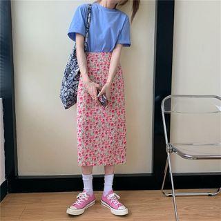 Blue Short-sleeved Top / Floral Skirt
