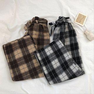 Plaid High-waist Acrylic Lace-up Pants