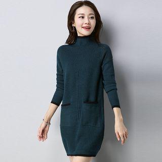Turtleneck Contrast Trim Long-sleeve Knit Dress