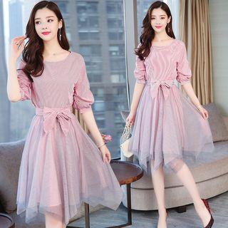 Set: Elbow-sleeve Striped Blouse + A-line Mesh Skirt
