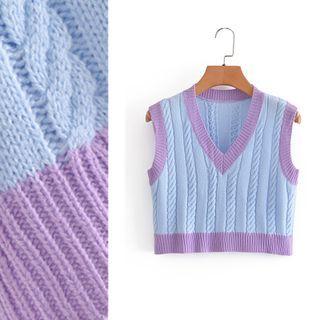 V-neck Cable Knit Sweater Vest 9619 - Purple Trim - Blue - One Size