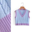 V-neck Cable Knit Sweater Vest 9619 - Purple Trim - Blue - One Size