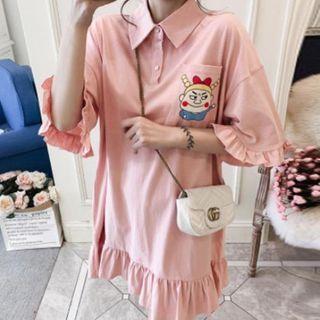 Cartoon Print Ruffled Elbow-sleeve Mini Polo Shirt Dress