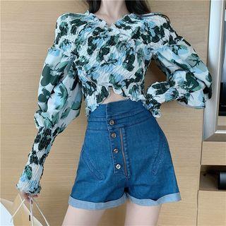 Long-sleeve Patterned Chiffon Cropped Top